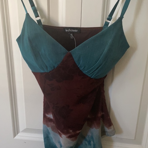 Floral turquoise & brown spaghetti strap tank top - Picture 4 of 4